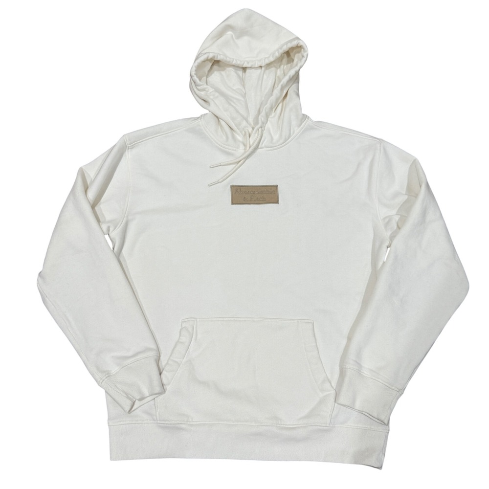Abercrombie & Fitch Mens Hoodie Cream Ivory Logo Patch Fleece Sweatshirt Large